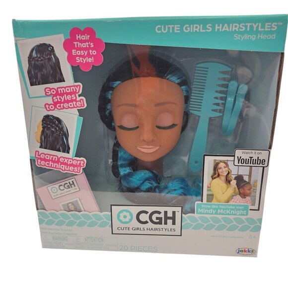 Cute Girls Hairstyles Styling Head Black with Blue Streaks 20 Piece Set NEW! - Picture 2 of 15